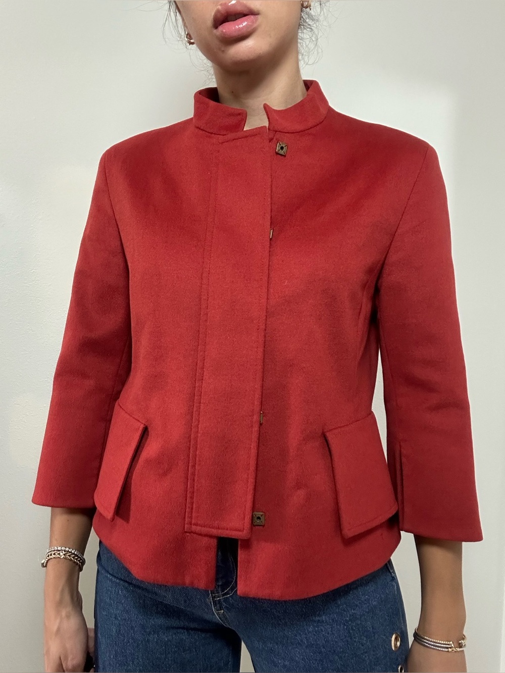 Akris Punto Red Wool Short Fleece Snap Front Stand-Collar Jacket Size 8